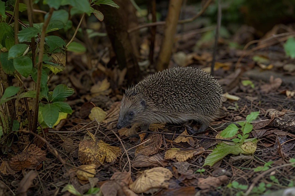 Igel läuft über herbstliches Laub in einem naturnahen Garten