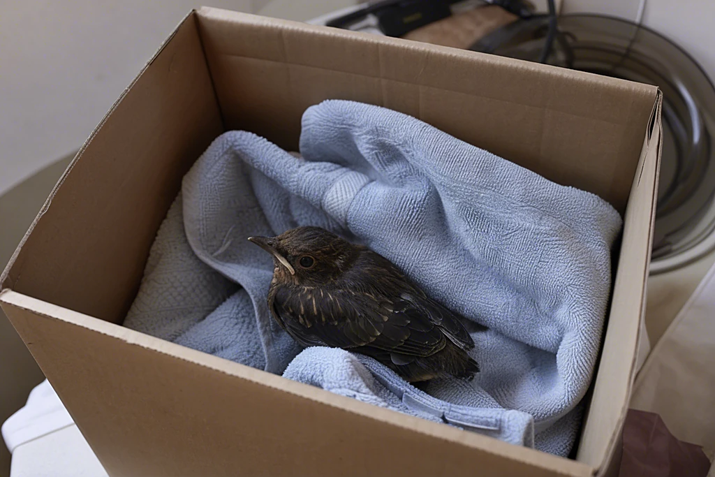 Junger Vogel sitzt geschützt in einem mit Handtuch ausgelegten Karton