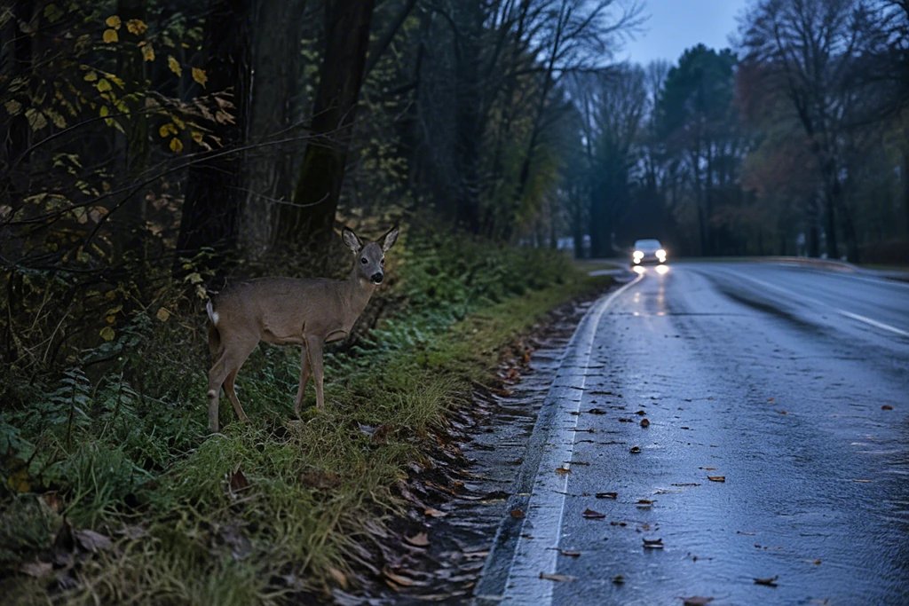 Reh am Rand einer Landstraße am Waldrand in der herbstlichen Abenddämmerung